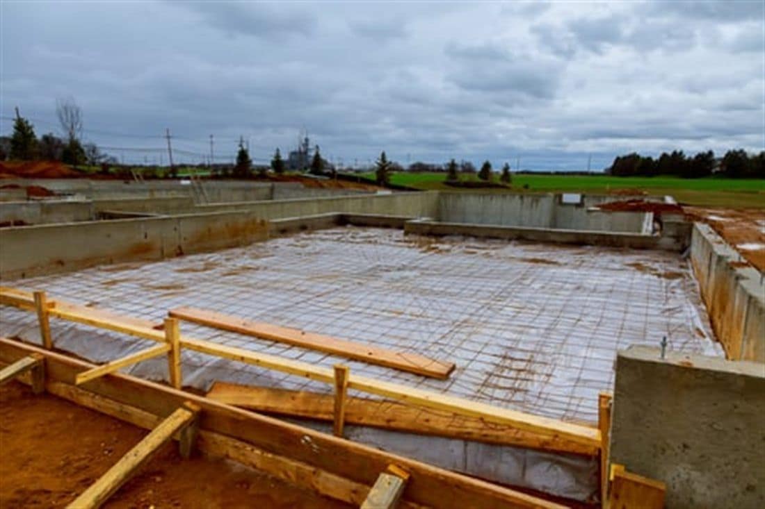 Formed and reinforced concrete foundation slab ready for pouring on a residential build site